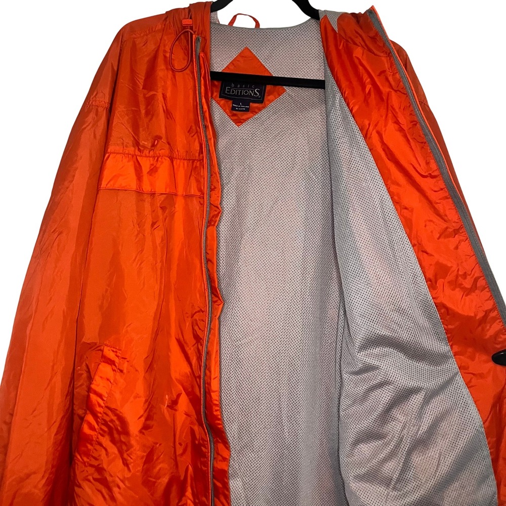 Basic Editions Mens Orange Hooded Windbreaker Jacket Full Zip Mesh Lined Large